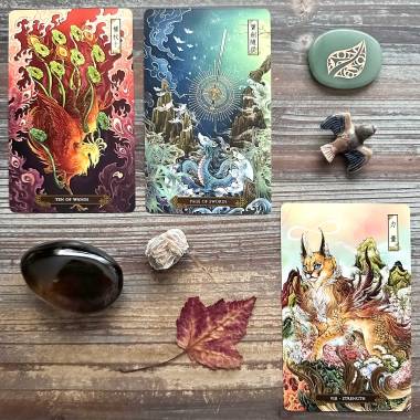 The Mystical Creatures Tarot of Orient - Strength, Ten of Wands, Page of Swords