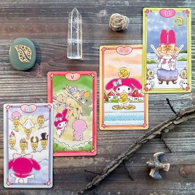 Luna's My Melody Tarot - Seven of Cups, Five of Wands, Four of Pentacles, Two of Swords
