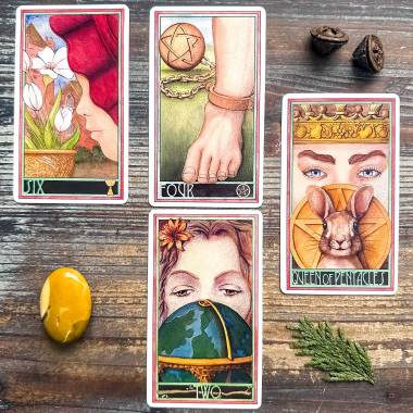 Erenberg Tarot - Queen of Pentacles, Four of Pentacles, Six of Cups, Two of Wands