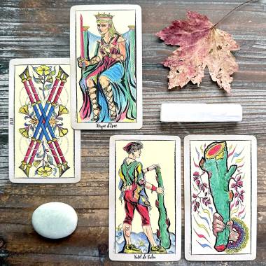 New Choice Tarot de Marseille - Ace of Wands, Page of Wands, Queen of Swords, Four of Wands