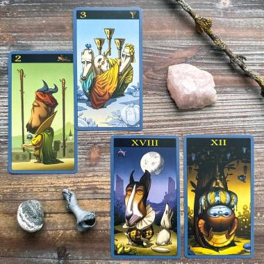 Mibramig Magical Tarot - Three of Cups, Two of Wands, The Moon, The Hanged Man