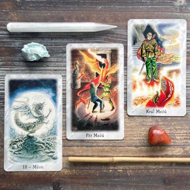 Celtic Dragon Tarot - The Moon, Five of Wands, King of Wands