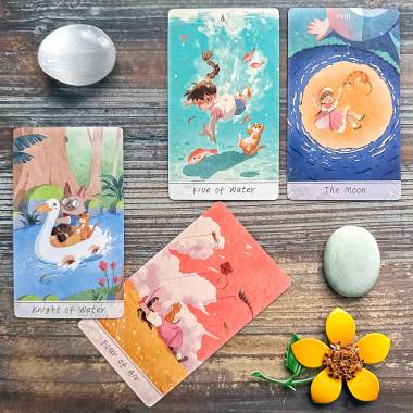 Mirasol and Cassie of the Year Tarot - Five of Cups, The Moon, Four of Swords, Knight of Cups