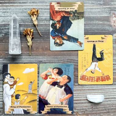 Vintage Japanese Print Advertisement Tarot - Five of Swords, King of Wands, King of Pentacles, Three of Pentacles