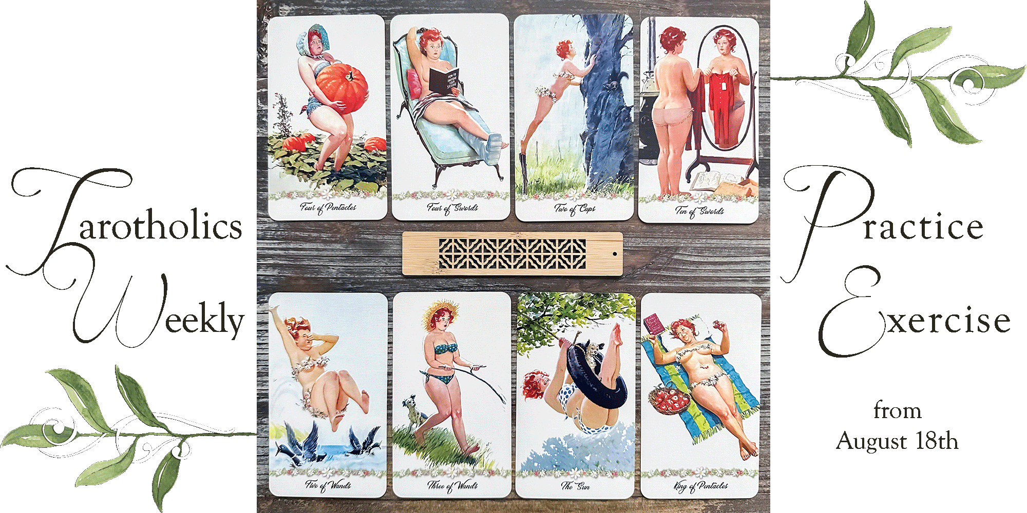 The Hilda Tarot - Four of Pentacles, Four of Swords, Ten of Swords, Two of Cups, Four of Wands, Three of Wands, King of Pentacles, The Sun