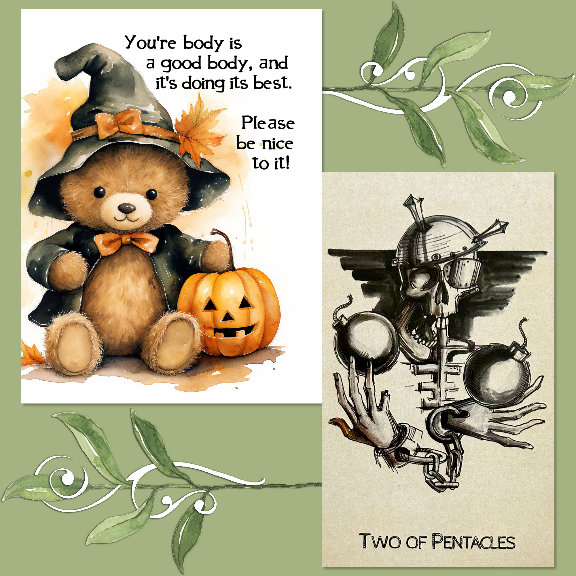 Tarot des Os Two of Pentacles and Halloween Affirmation Cards
