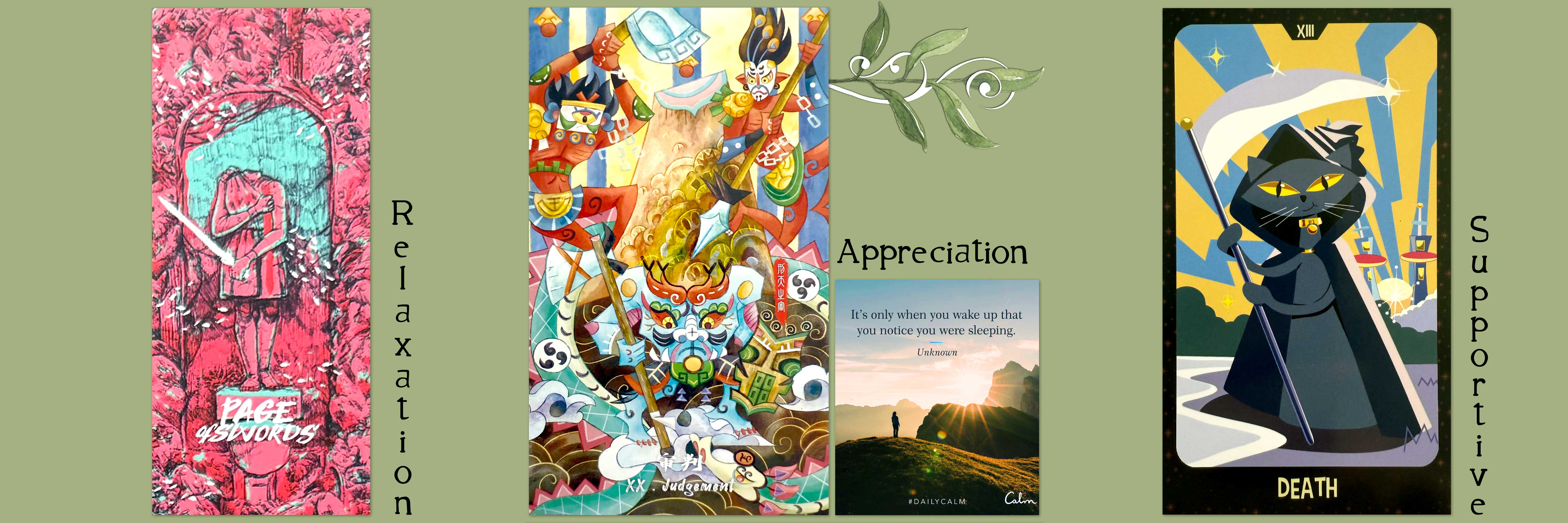 Stunning Tarot 5th Edition's Page of Swords, Tranquil Night Wisdom Tarot's Judgement card, and Atomic Cat Tarot's Death card