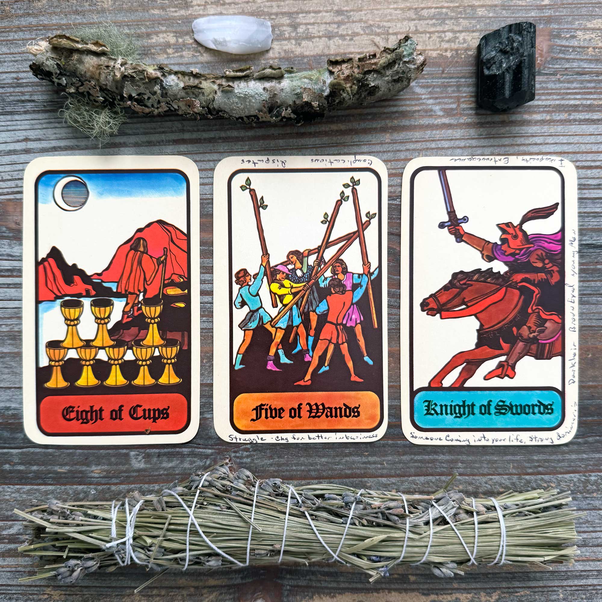 Tarot Reading with the Hoi Polloi Tarot - Eight of Cups, Knight of Swords, Five of Wands