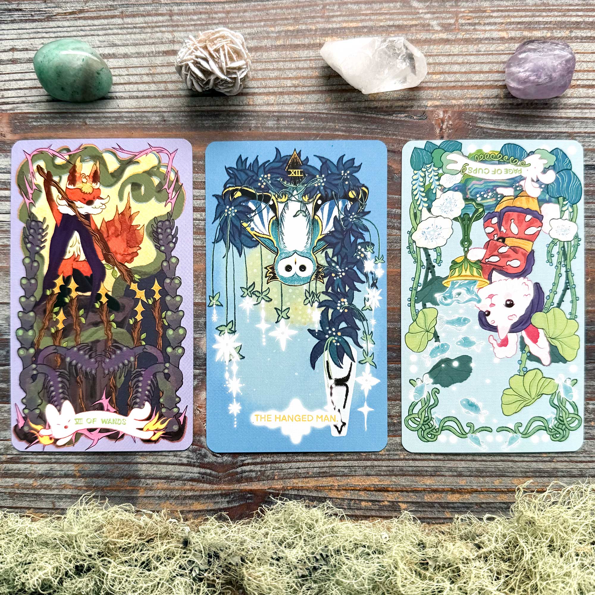 Tarot Reading with the Exotic Flora Tarot - The Hanged Man, Seven of Wands, Page of Cups