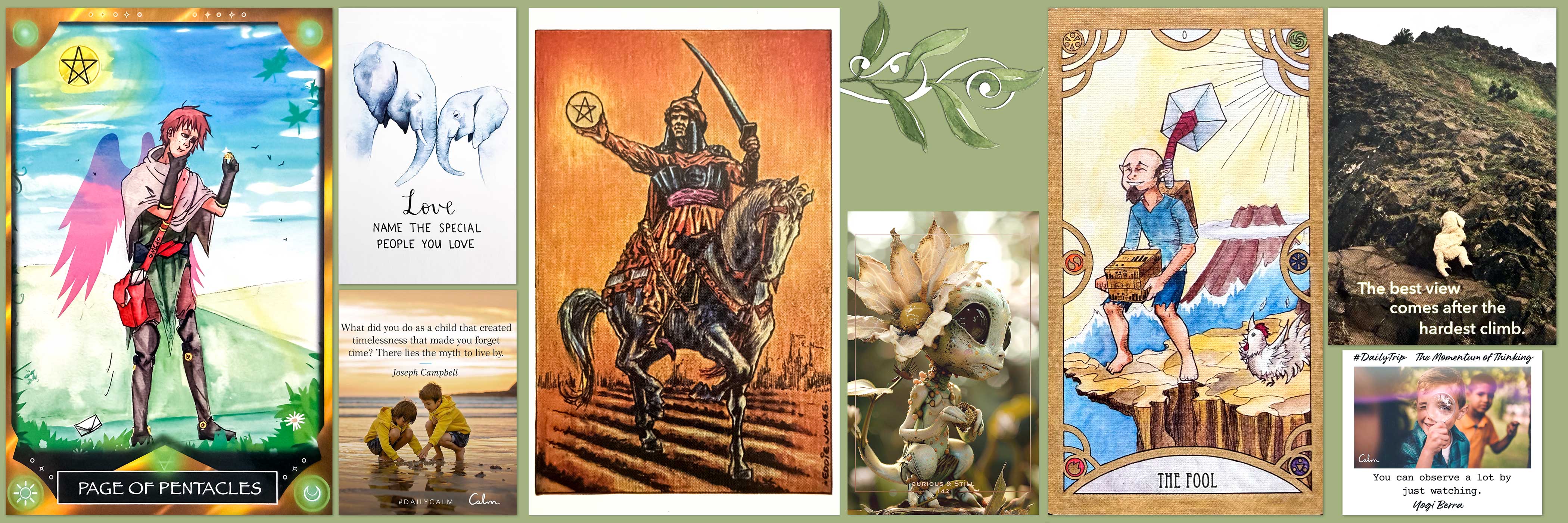 The Fantasy Art Tarot's Page of Pentacles, The Fantasy Showcase Tarot's Knight of Pentacles, and Legends of Zelda Tarot's The Fool card