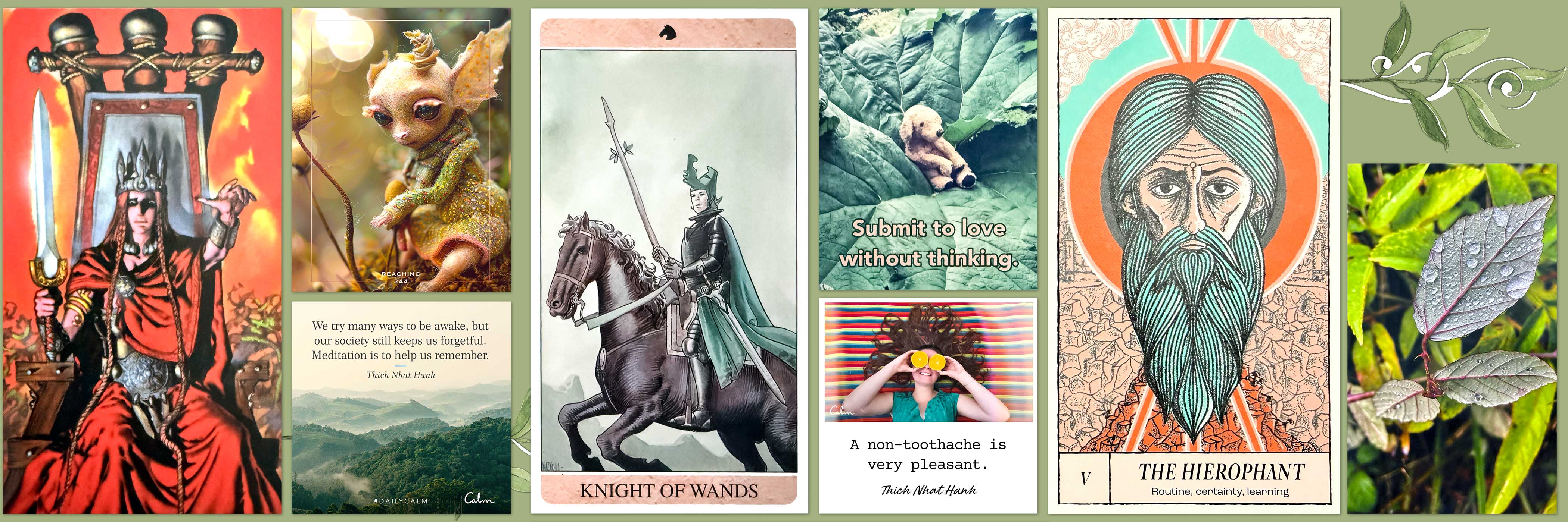 Celtic Tarot's Queen of Swords, Secret Tarot's Knight of Wands, and Crossed Destinies Tarot's The Hierophant