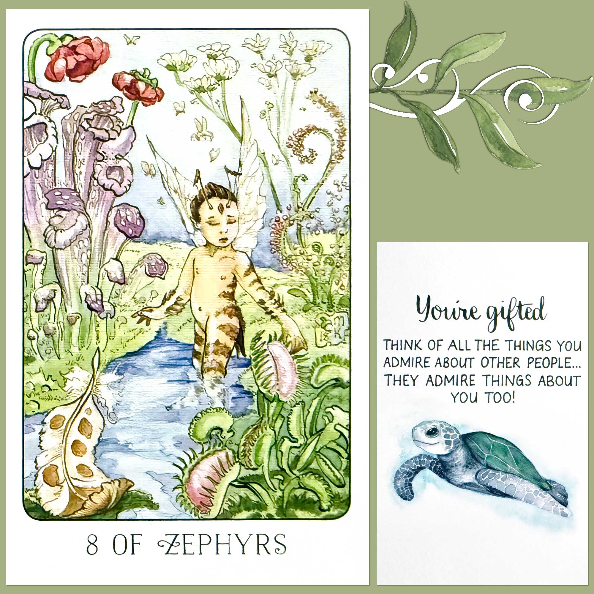 Stolen Child Tarot's Eight of Swords (Eight of Zephyrs) and Pass Around the Smile Positive Guidance Cards for Kids