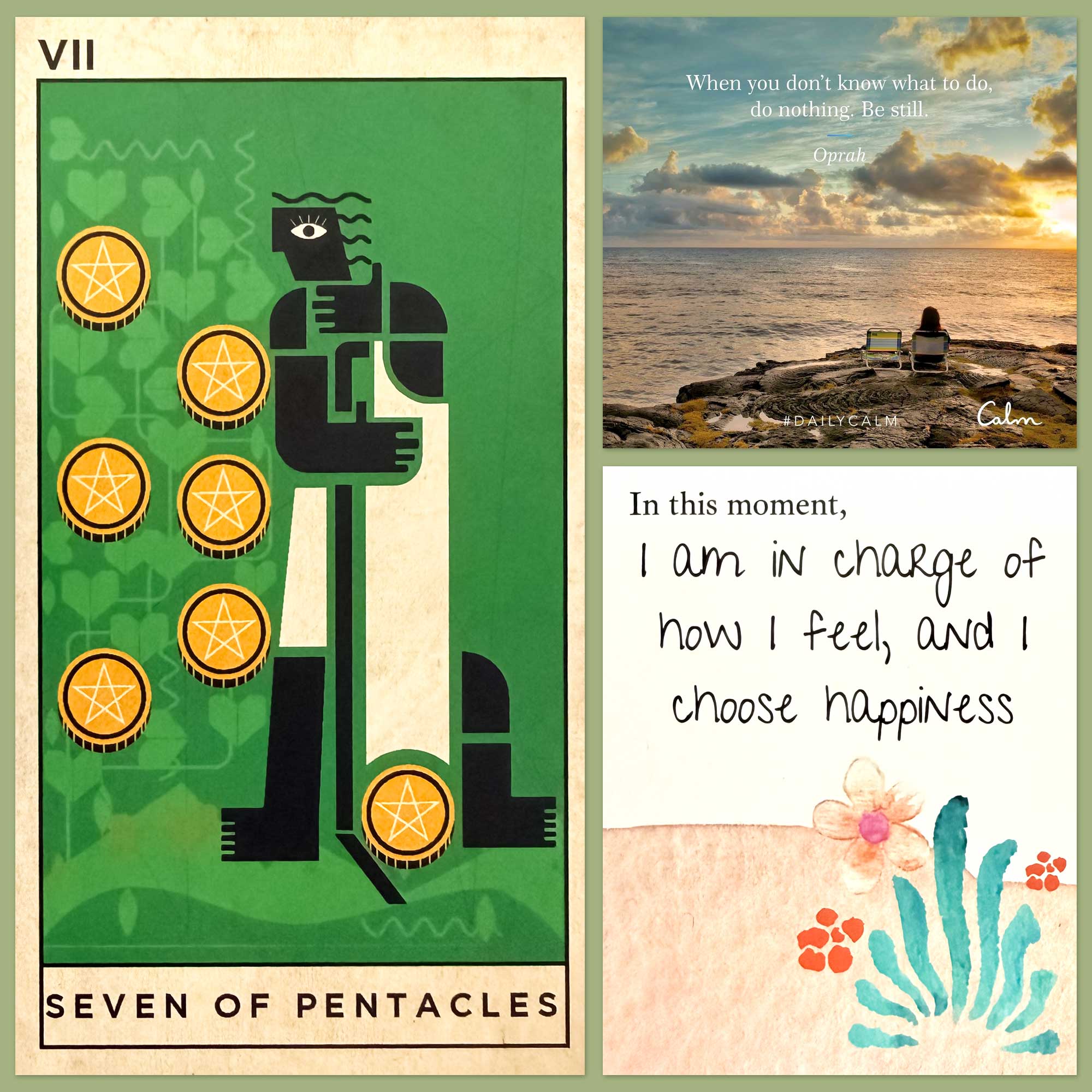 Chromatika Tarot - Seven of Pentacles and the In This Moment Affirmation Cards