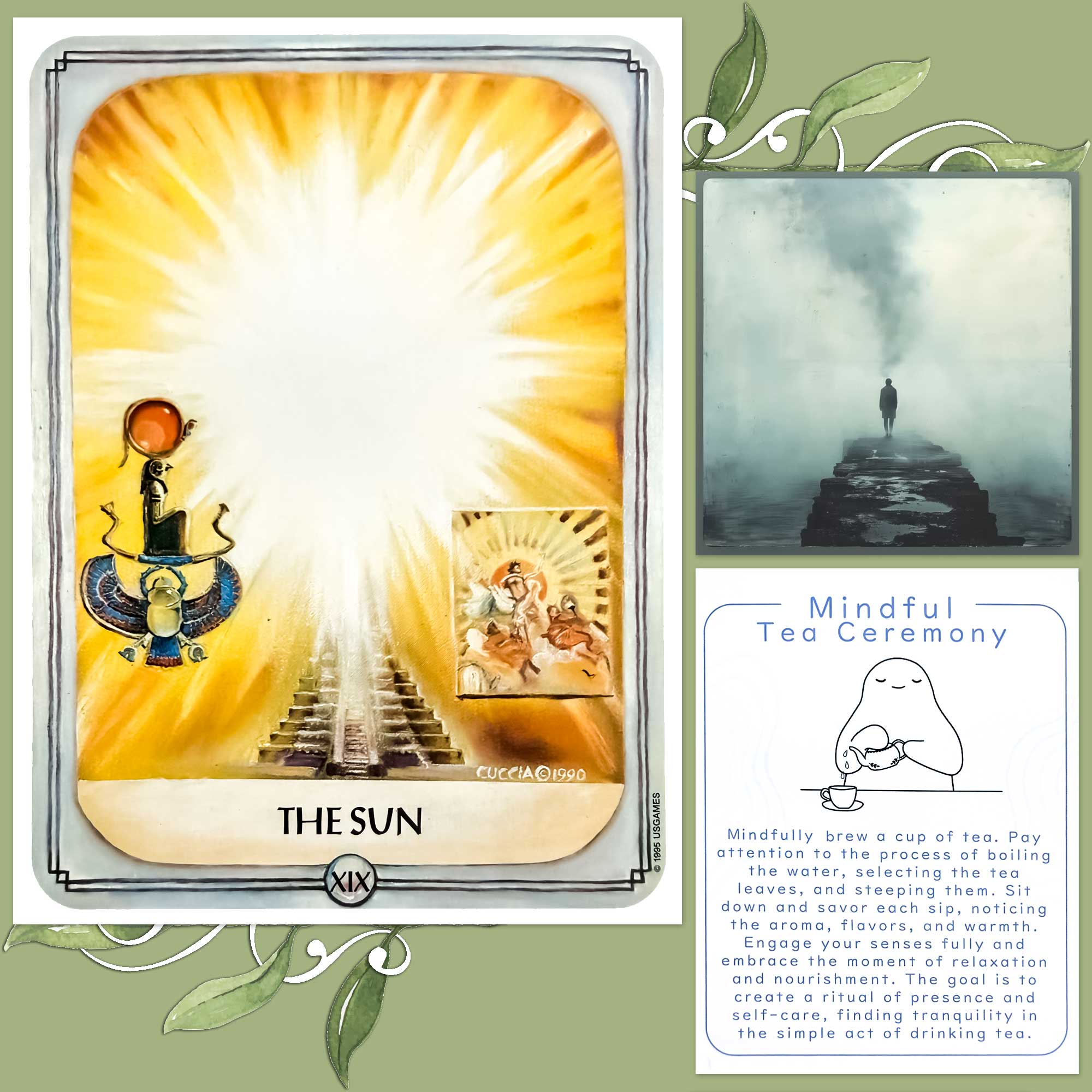 Ancestral Path Tarot's Sun card and a card from the Rethink 120 Learning Cards for Mindful Living