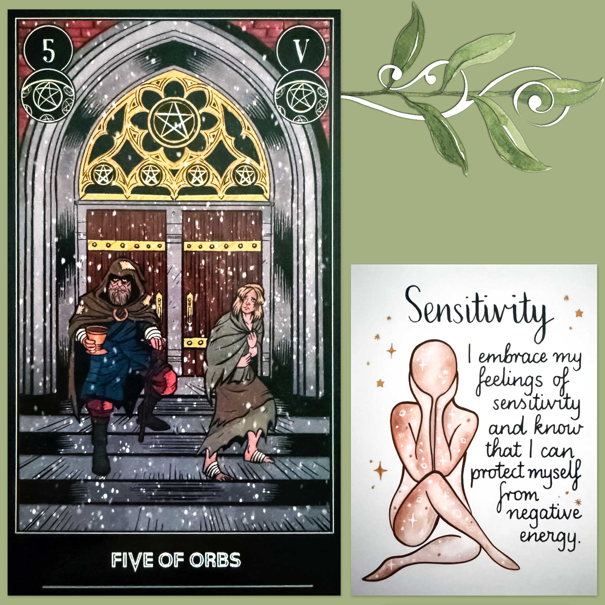 Questeros Tarot's Five of Pentacles and a card from the Pass Around the Smile Guided Affirmation Cards