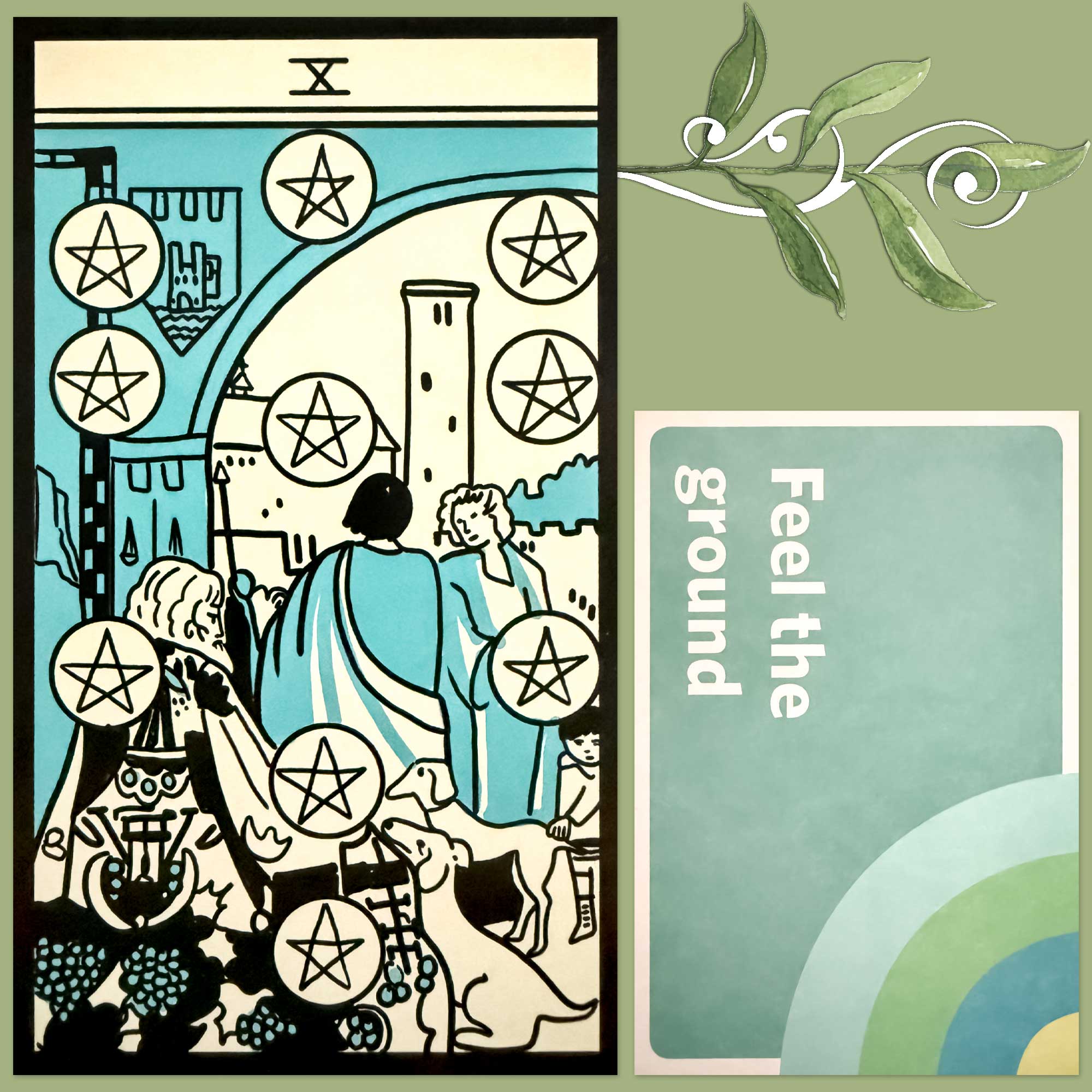 The Traveler's Tarot - Ten of Pentacles and a card from the Mindfulness Cards