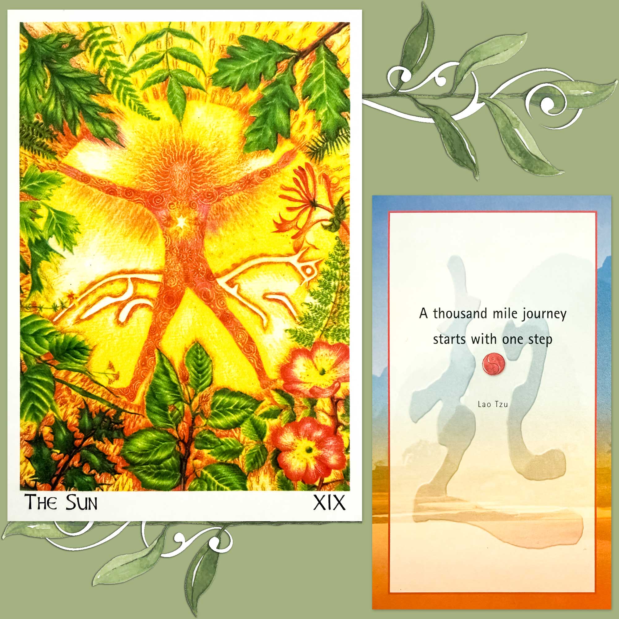 Greenwood Tarot's Sun Card and a card from the Tao Book and Cards Pack
