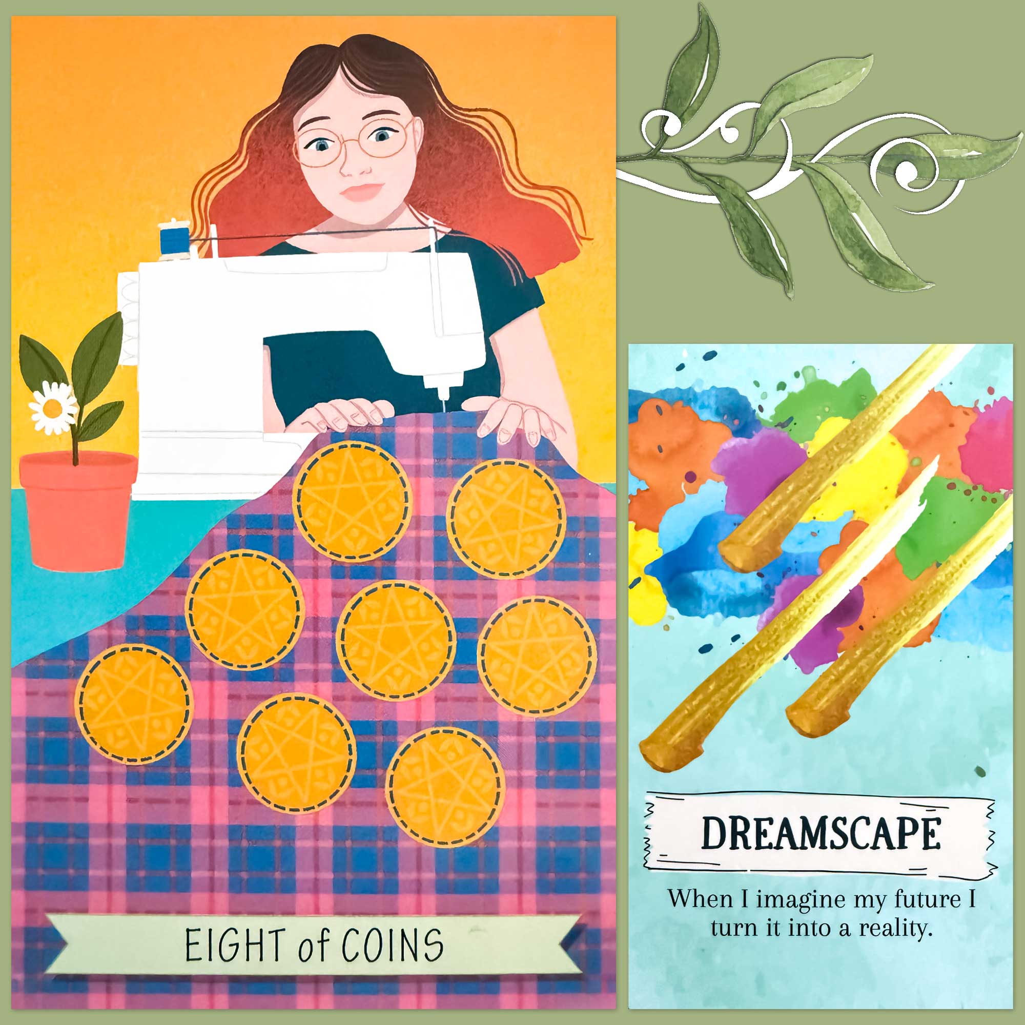The Good Karma Tarot - Eight of Pentacles and a card from the Create Brave Deck