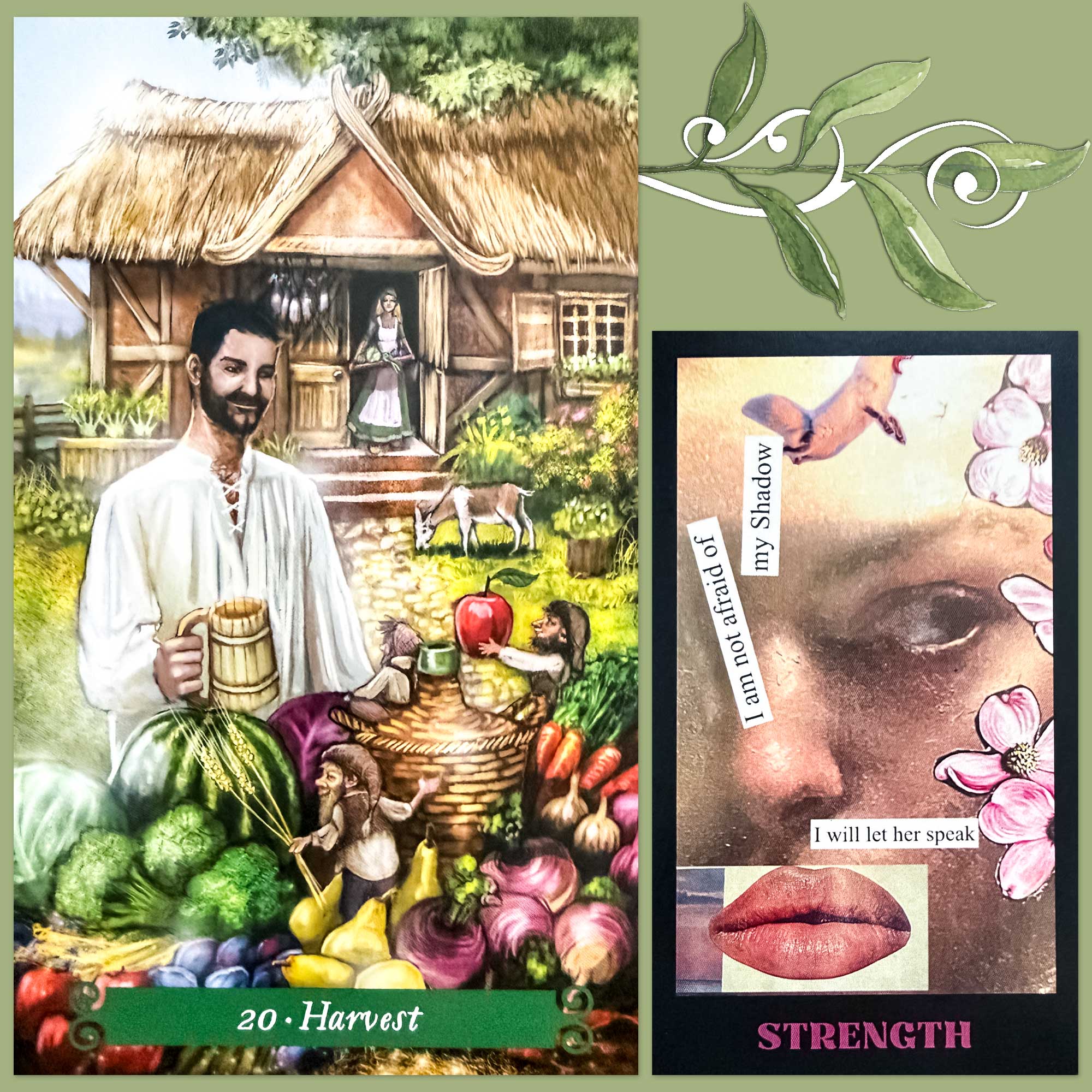 The Green Witch Tarot's Harvest card and a card from The Nourished Heart Oracle