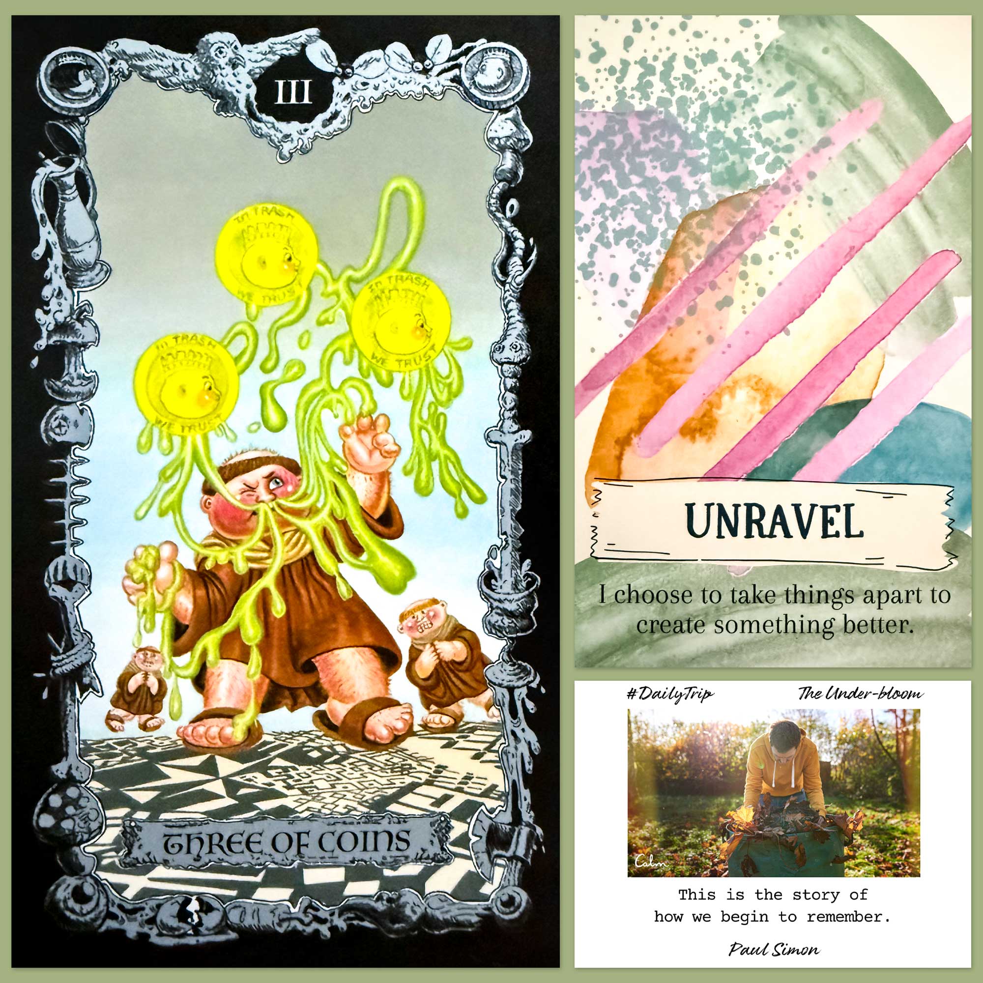 Garbage Pail Kids Tarot's Three of Pentacles and a card from the Create Brave Cards