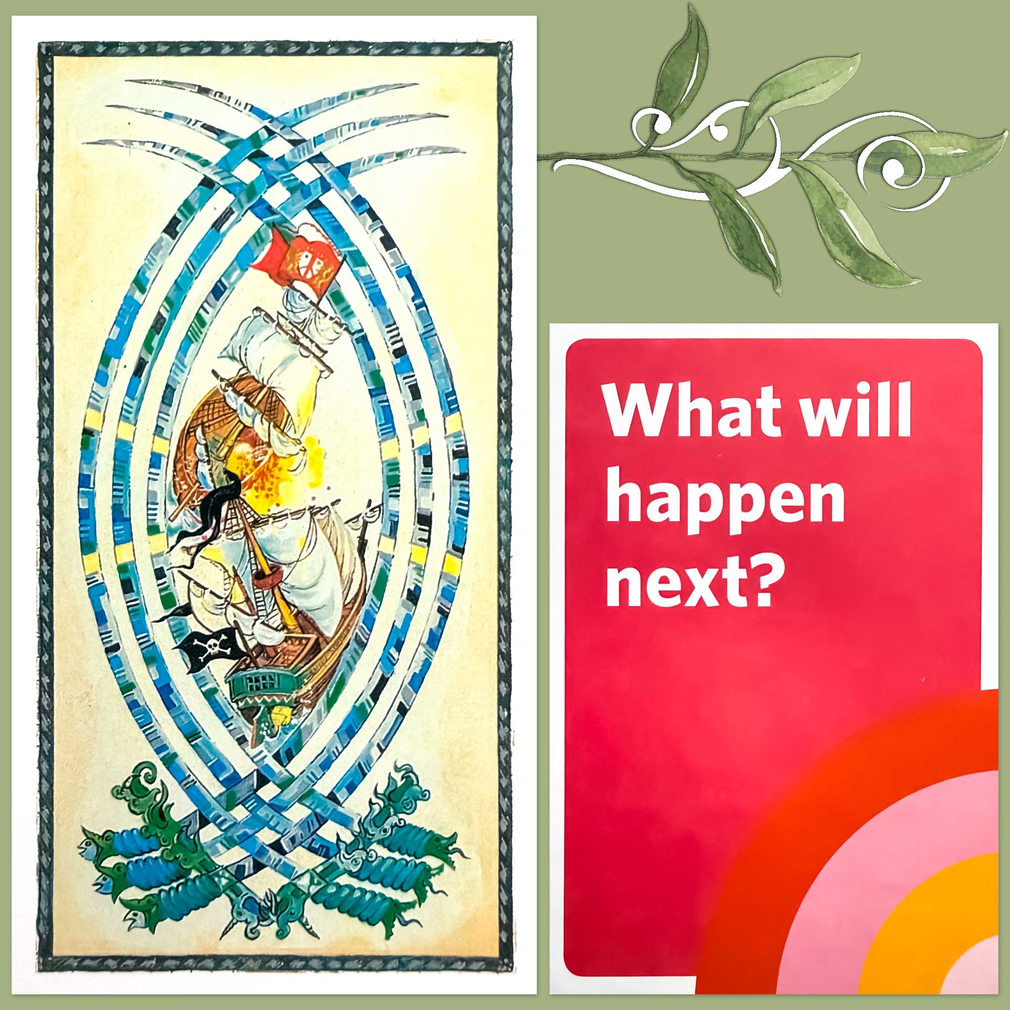 Tarocchi di Giulietta e Romeo Shakespeare Tarot's Six of Swords and a card from the Mindfulness Cards