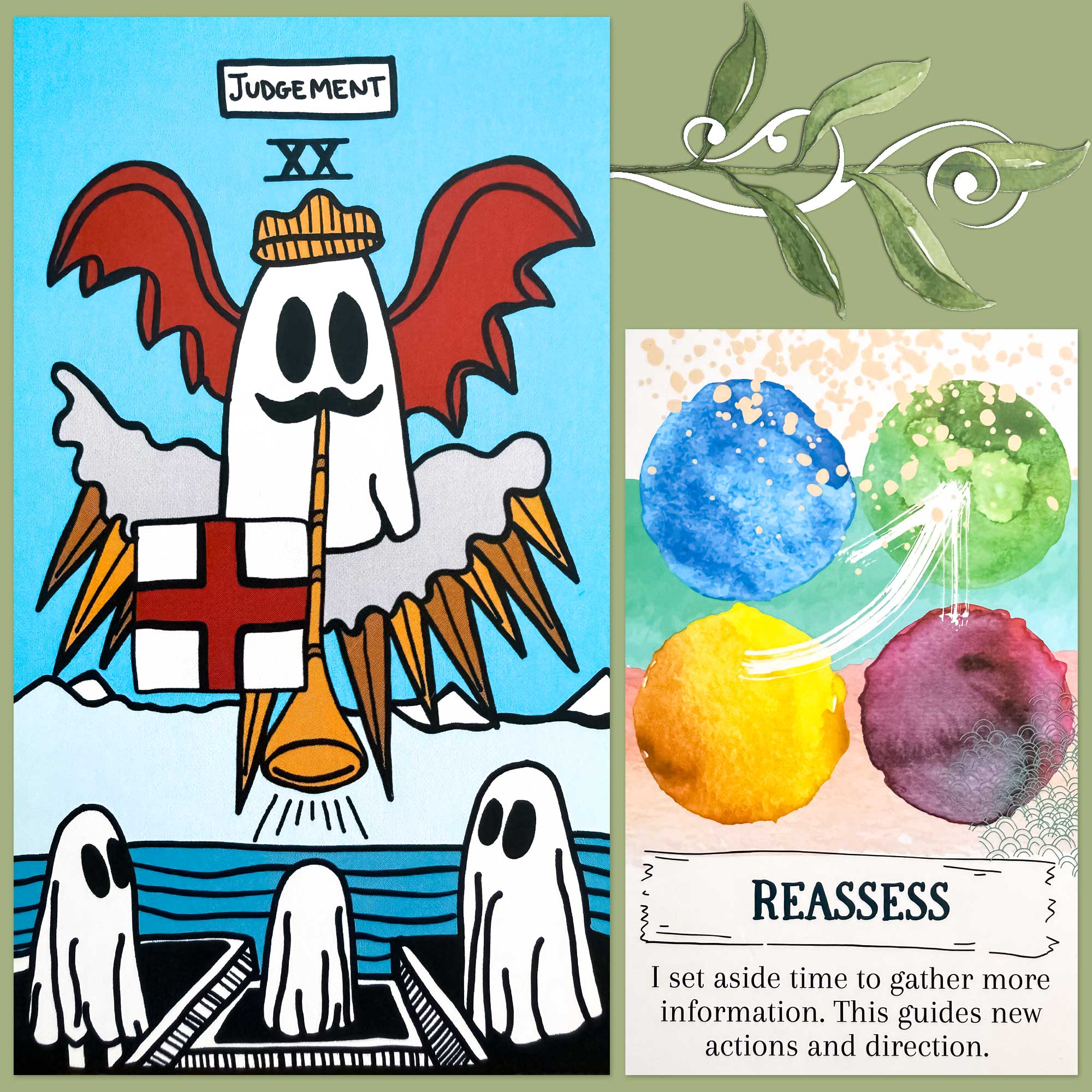 Ghost Boy Tarot's Judgement Card and a card from the Create Brave Cards
