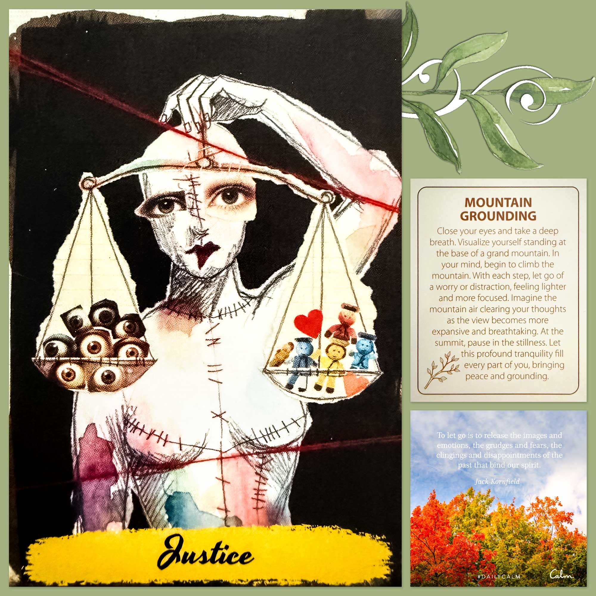 Threadbound Dreams Tarot's Justice Card and a card from the Self-Care Anxiety Relief Cards