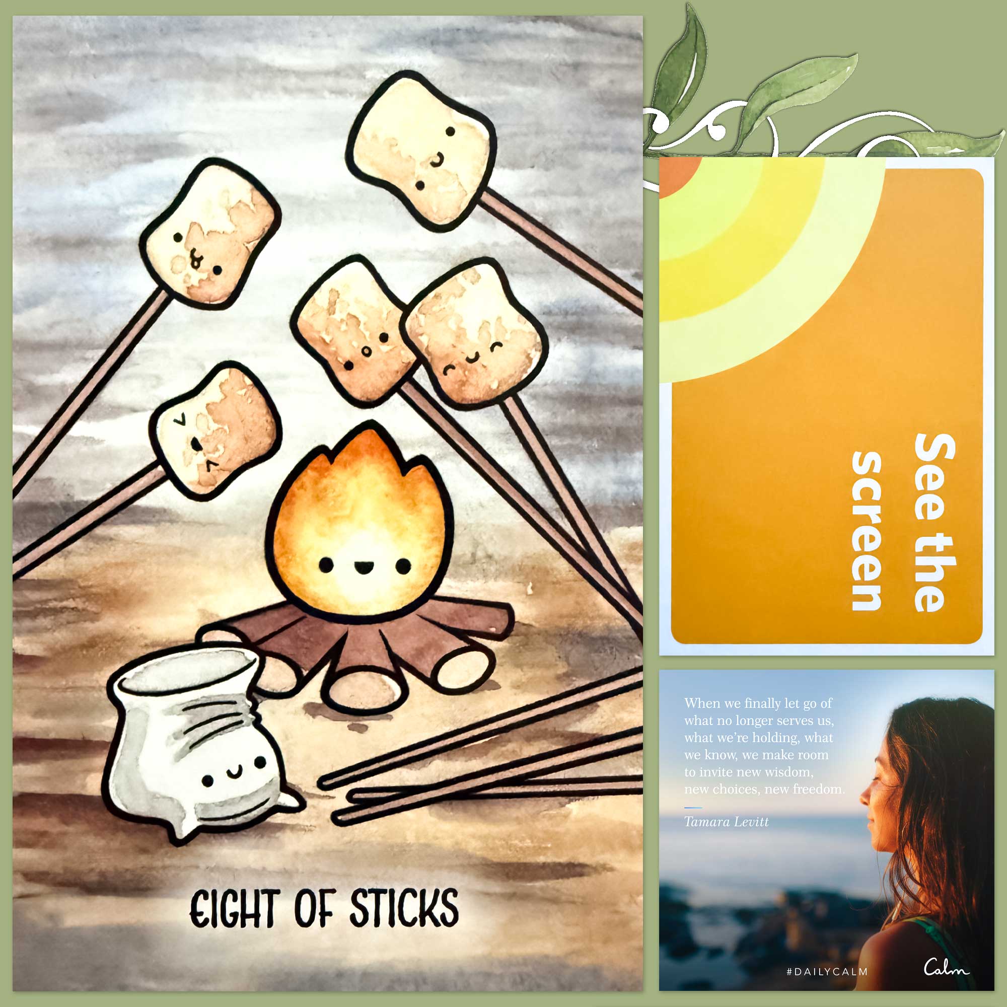 EIght of Wands in the Taste Buddies Tarot and a card from the Mindfulness Cards