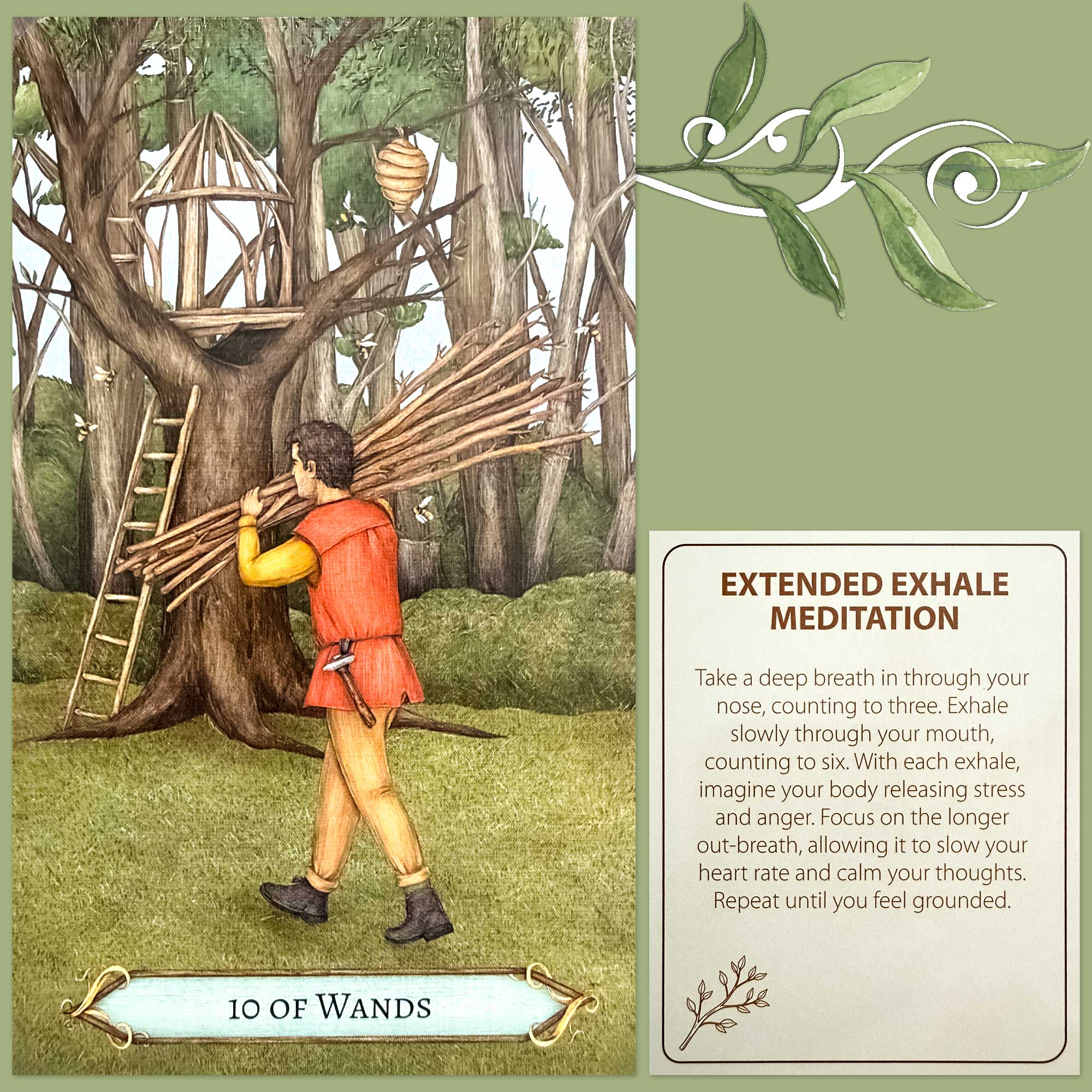 The Good Fortune Tarot's Ten of Wands and a card from the Rethink Self Care Anxiety Relief Cards