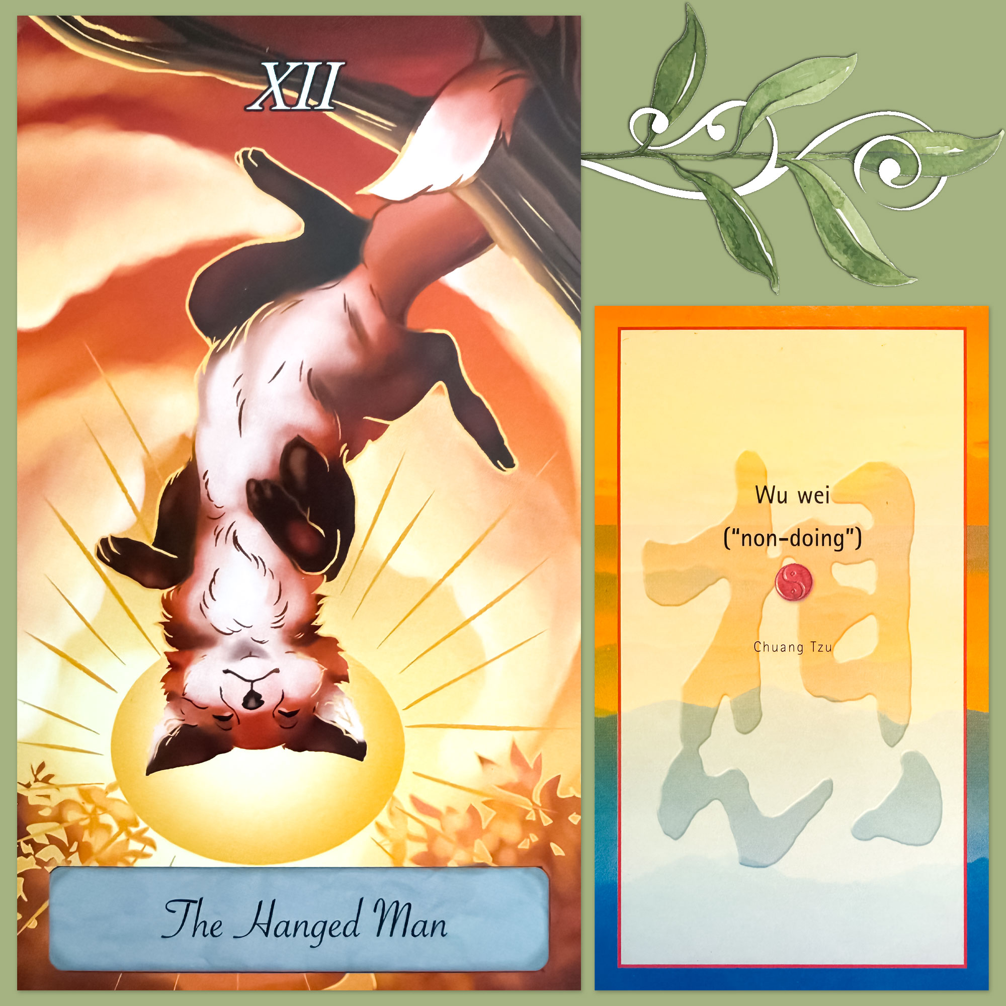The Hanged Man card from The Fox Tarot and a card from the Tao Book and Card Pack
