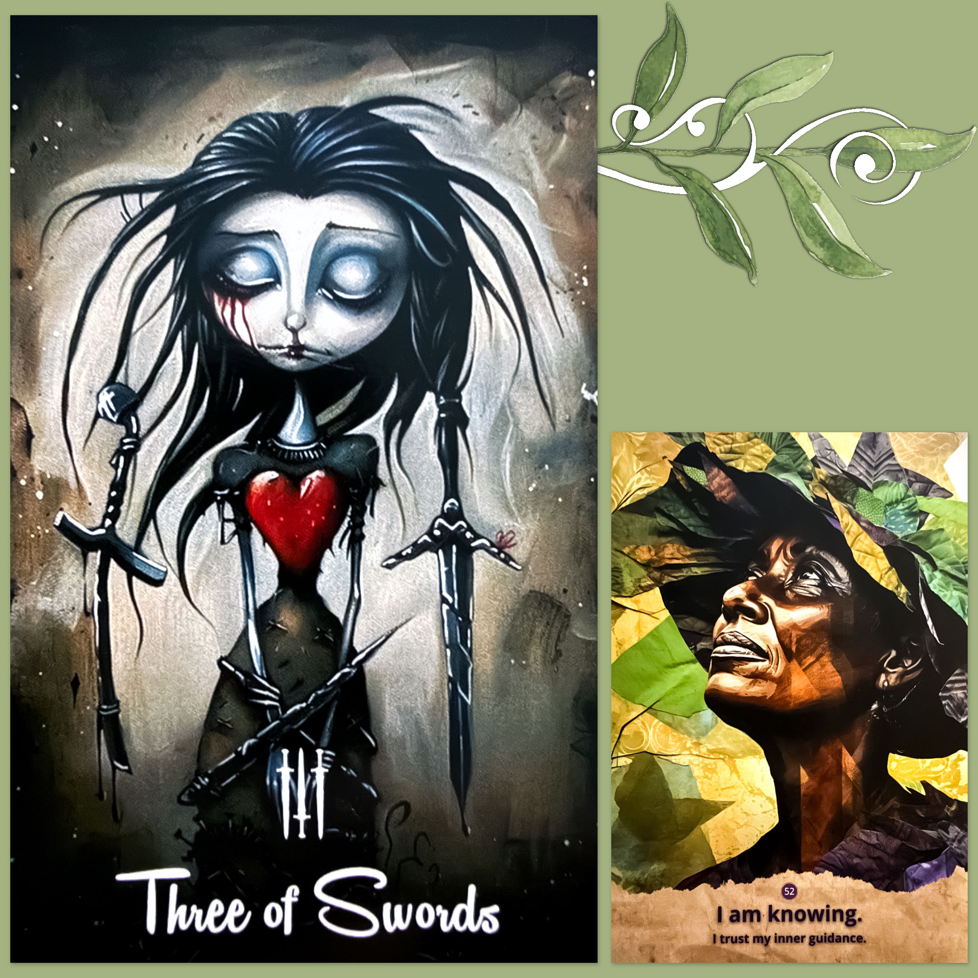 Gothic Moon Tarot's Three of Swords and a card from the Crone Power Oracle