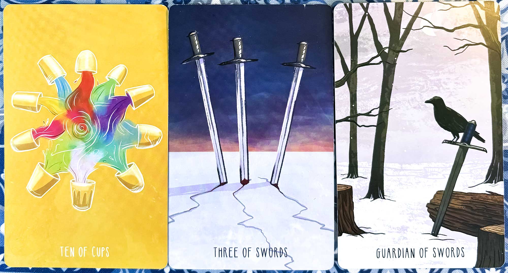 The Spacious Tarot - Ten of Cups, Three of Swords, Guardian of Swords, Queen of Swords