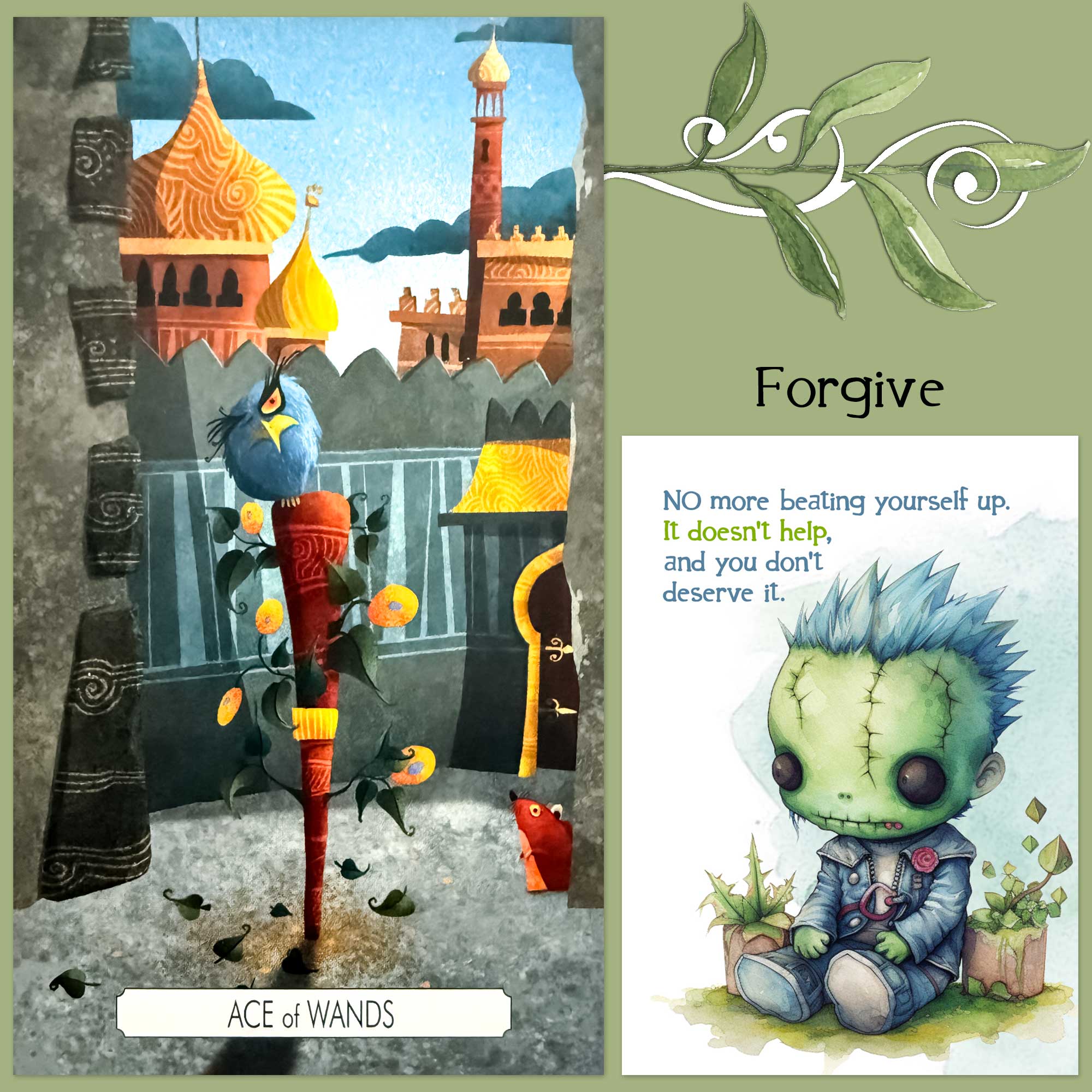 Ace of Wands - The Tarot of Crossed Destinies and an affirmation card from Twist's Halloween Affirmation Deck