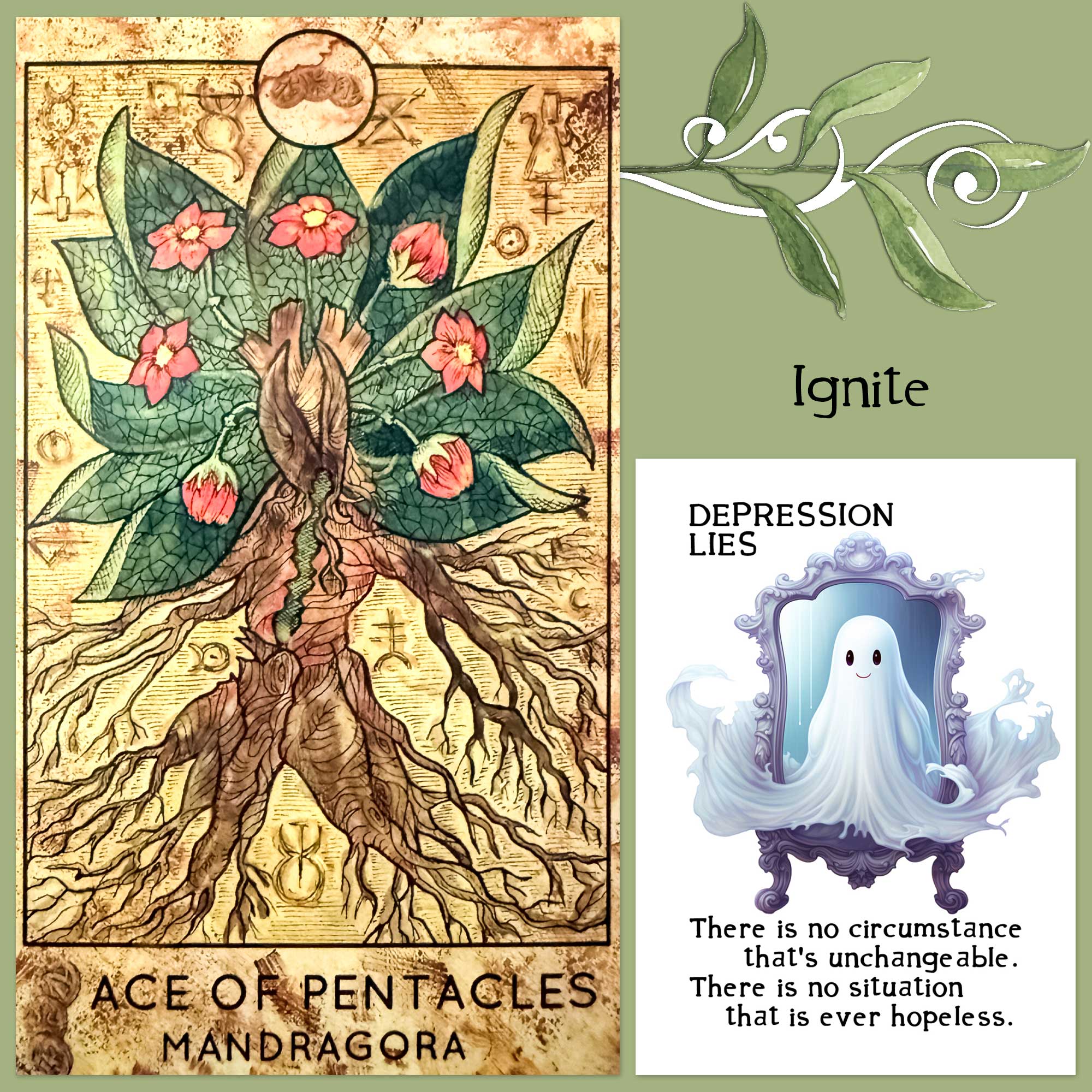 Ace of Pentacles from the Spirit of Halloween Tarot and a card from Twist's Halloween Affirmations Deck