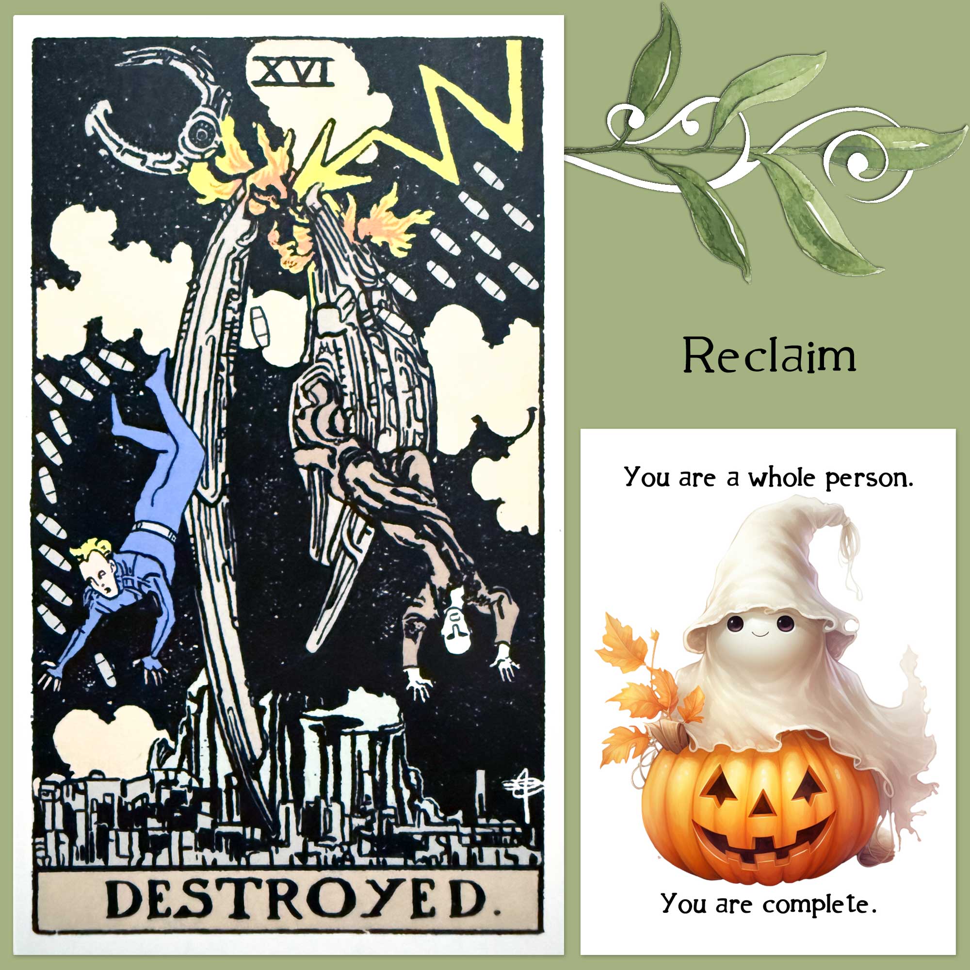 Perfect Organism Tarot's Tower card and a card from Twist's Halloween Affirmations Deck