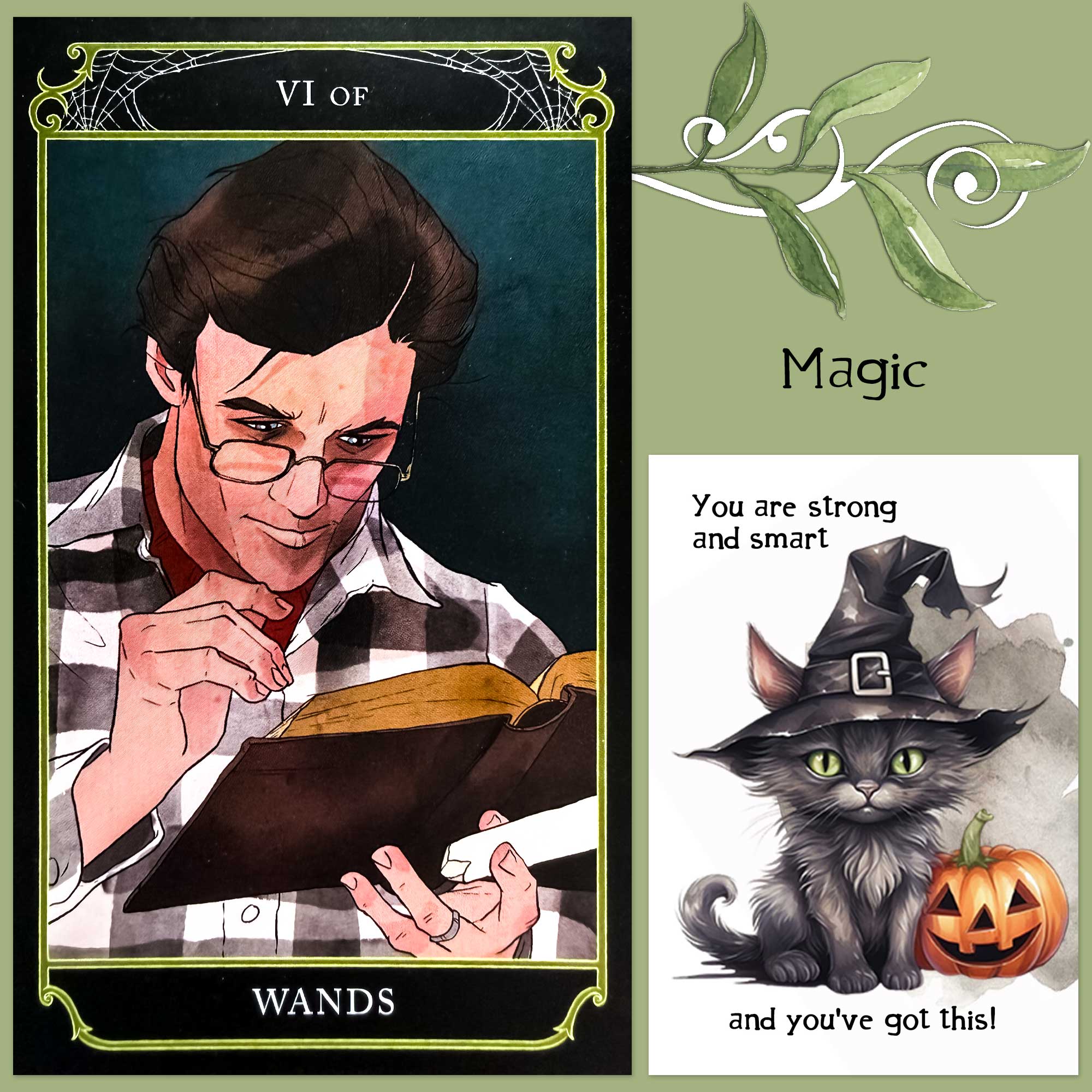 Beetlejuice Tarot's Six of Wands and a card from Twist's Halloween Affirmations Deck