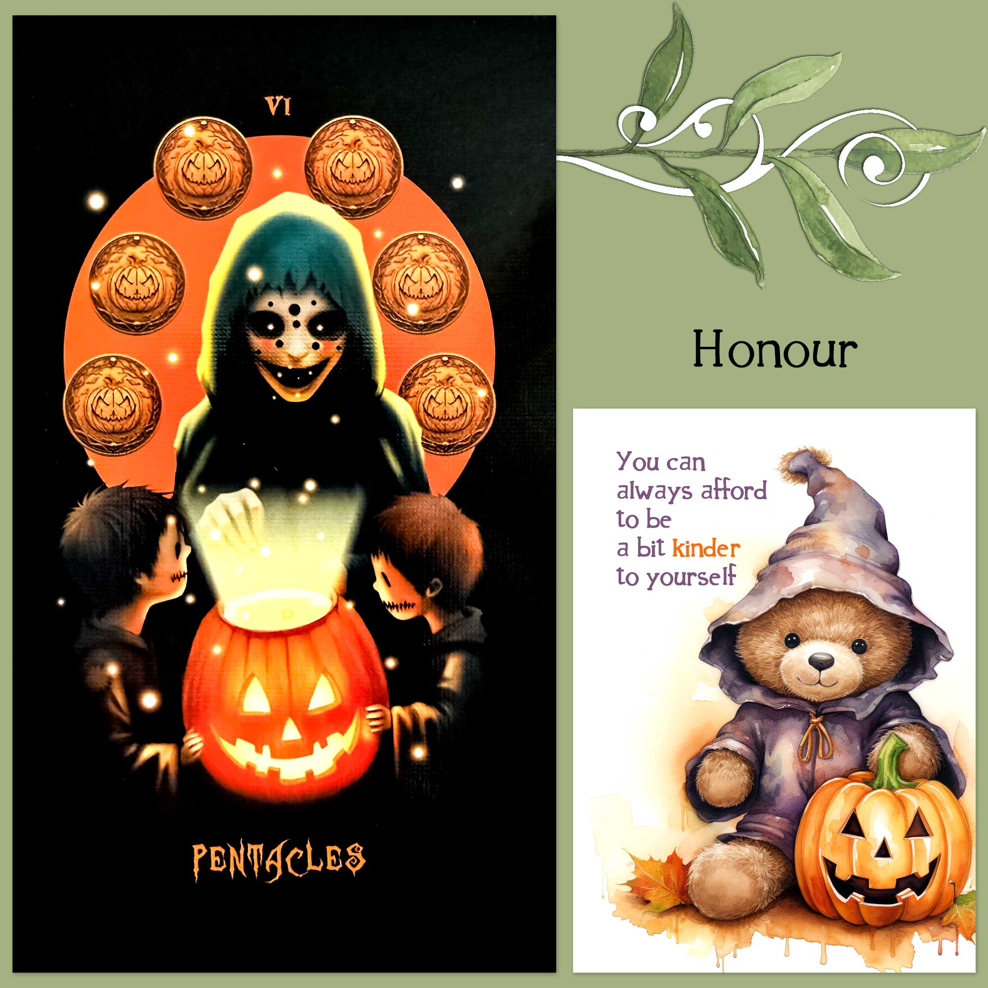 The Halloween Tarot's Six of Pentacles and a card from Twist's Halloween Affirmations Deck