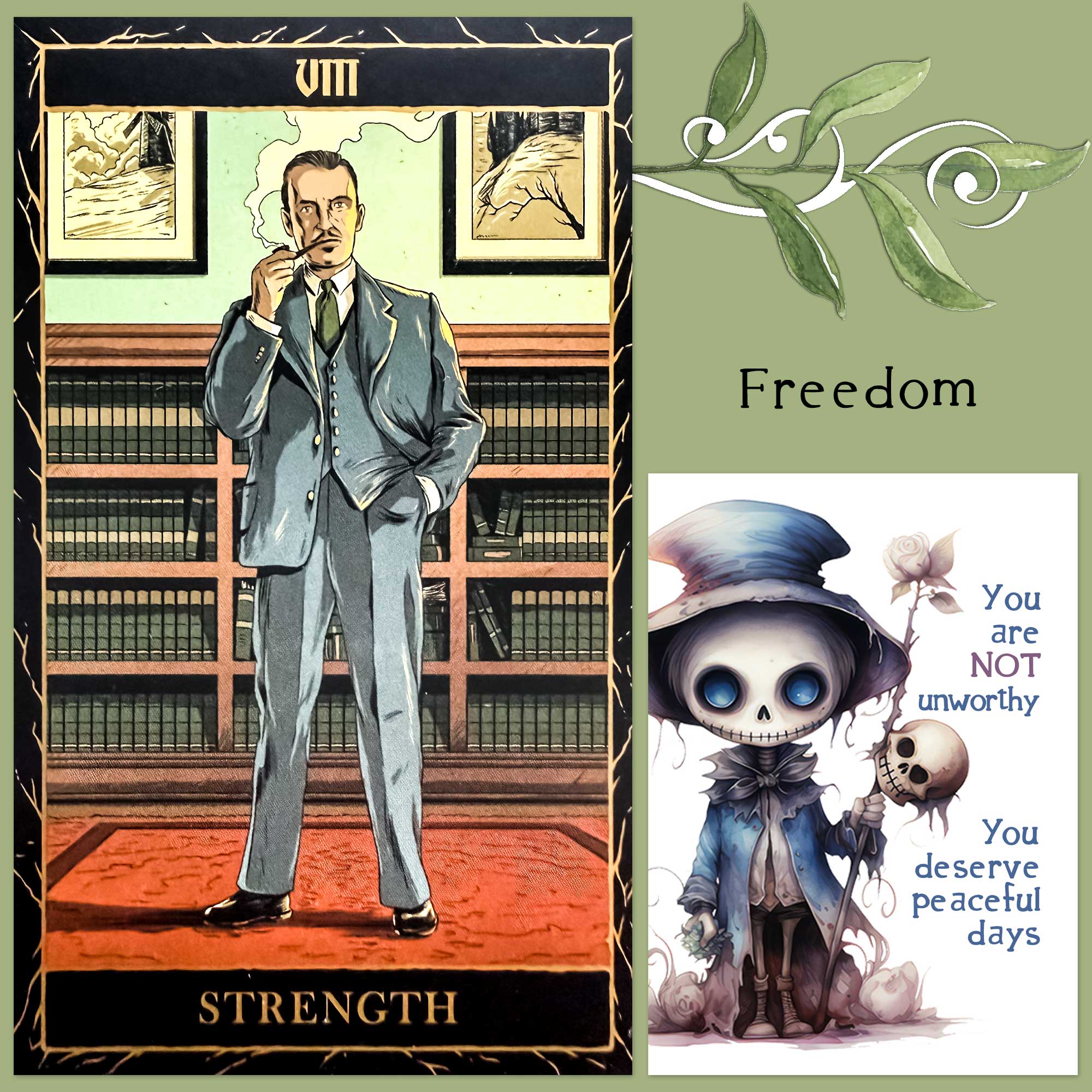 Universal Monsters Tarot's Strength card and a card from Twist's Halloween Affirmations Deck