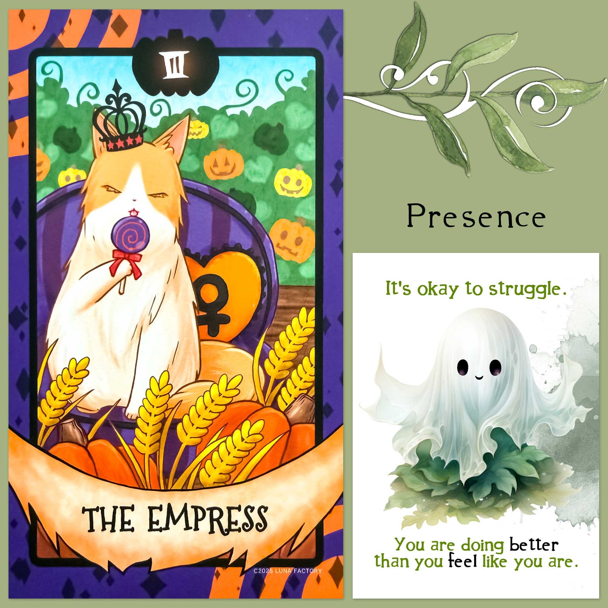 Dreaming Cat Tarot Magical Fantasy Edition's Empress Card and a card from Twist's Halloween Affirmations Deck