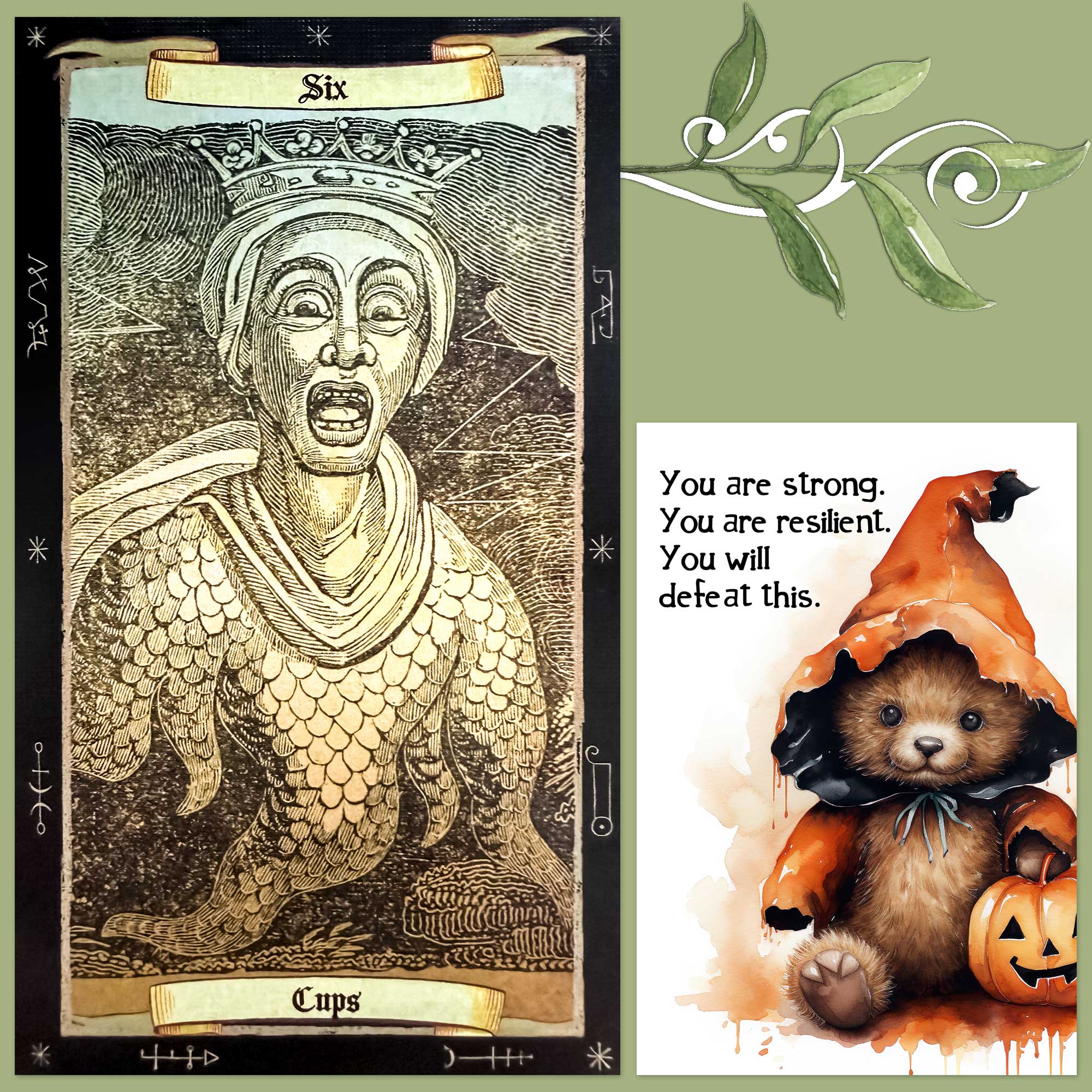 Magicae Daemonibus Tarot's Six of Cups and a card from Twist's Halloween Affirmations Deck