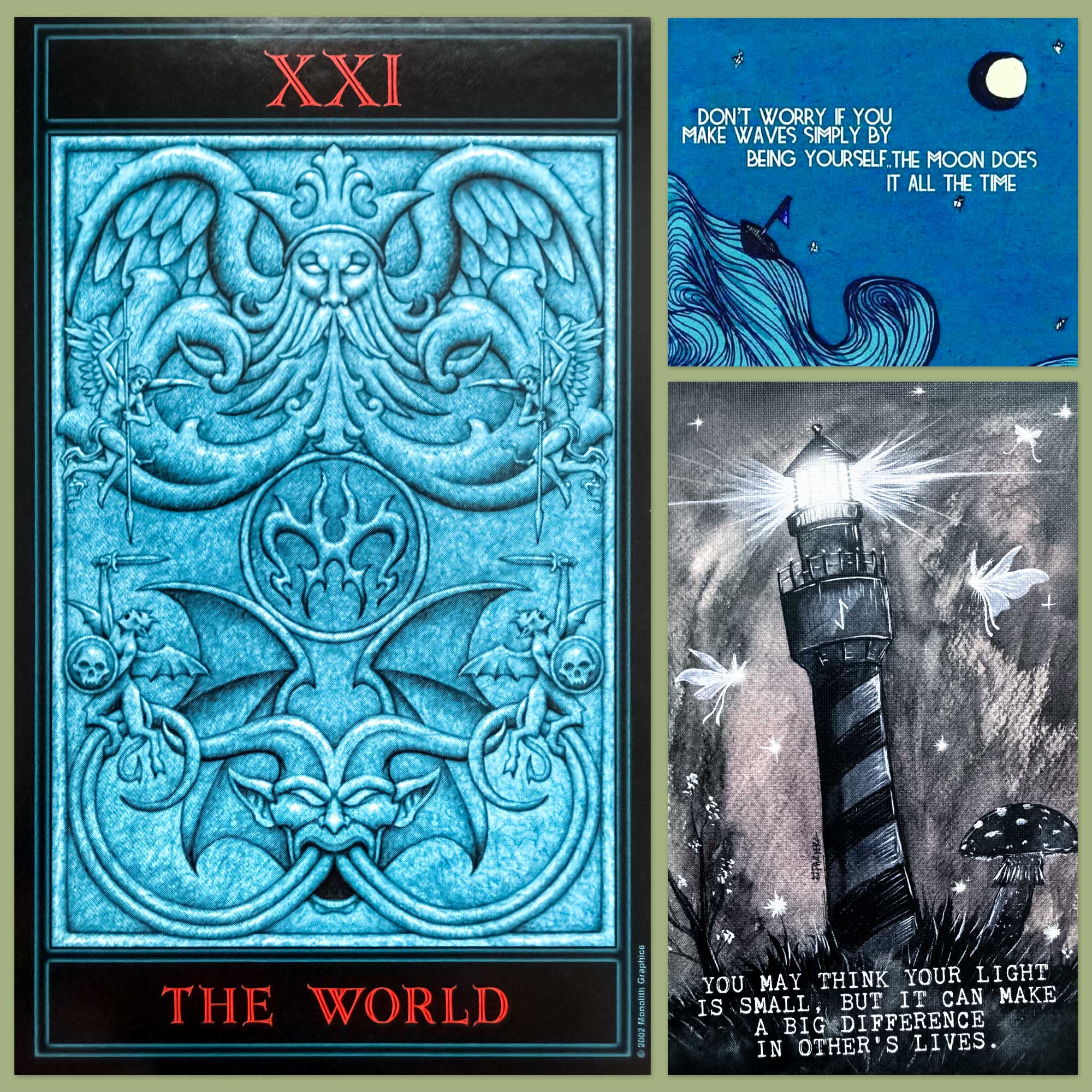 The Gothic Tarot's World Card and a card from Lights In Dark Places Affirmation Deck