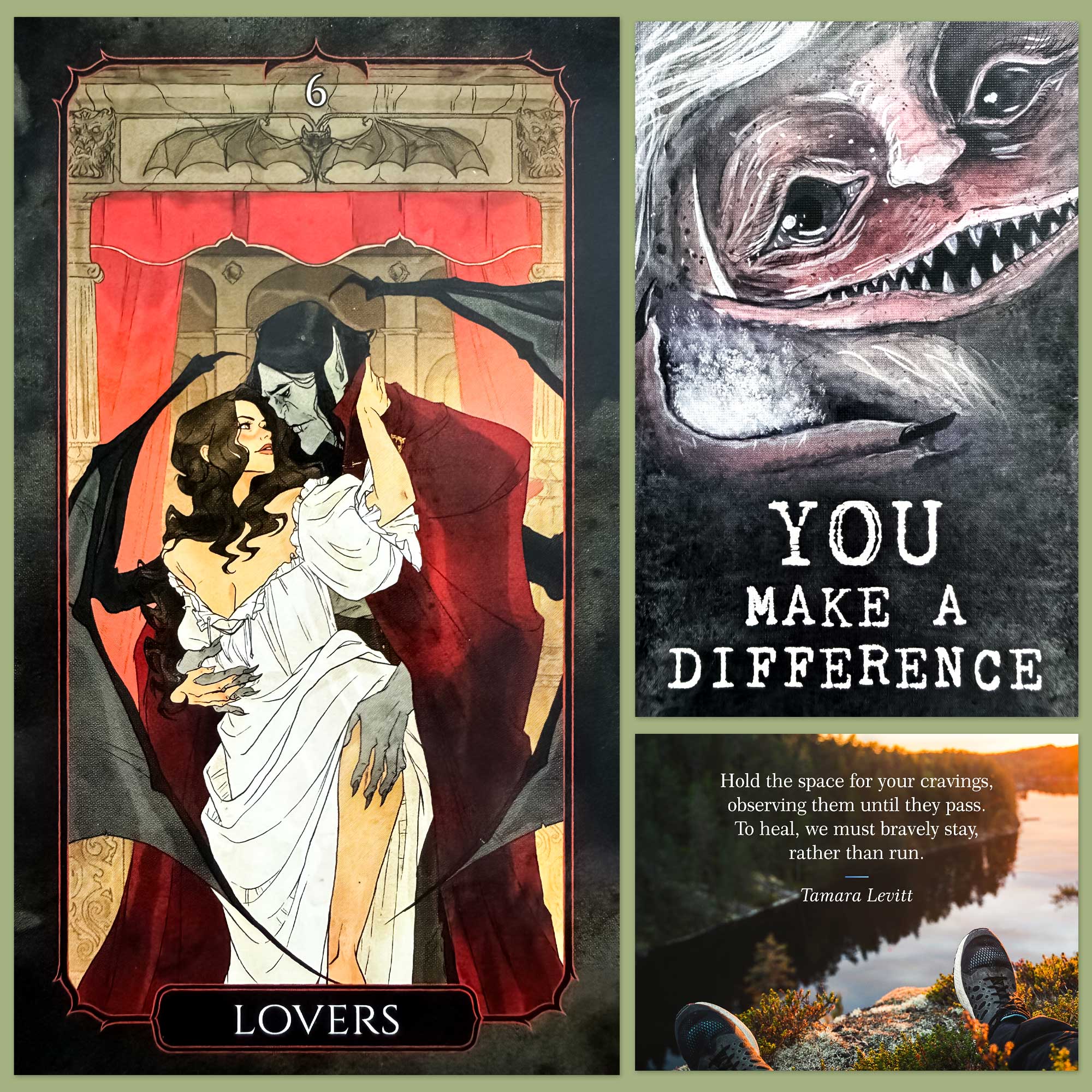 The Vampire's Tale Tarot's Lovers card and a card from the Lights In Dark Places Affirmation Deck