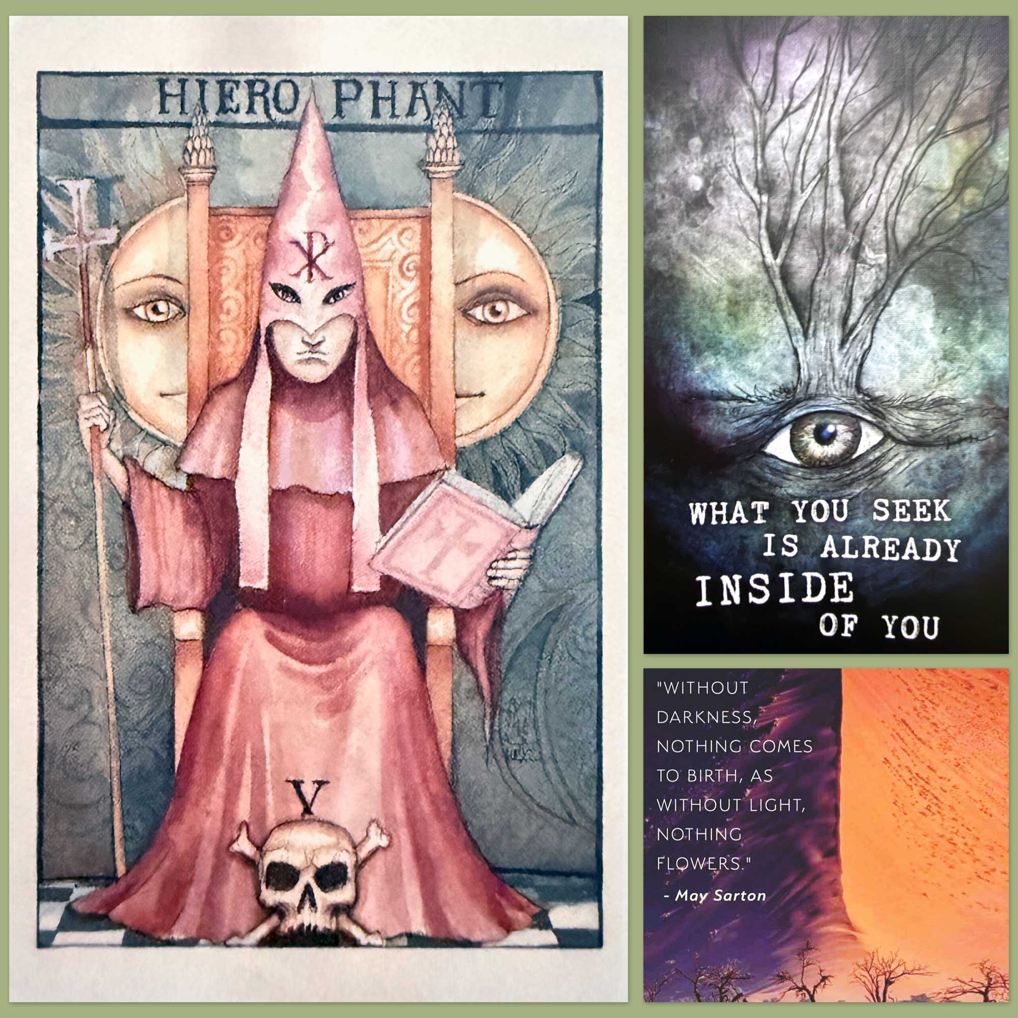 Dominic Murphy's Lost Tarot's Hierophant card and a card from the Lights in Dark Places Affirmation Deck