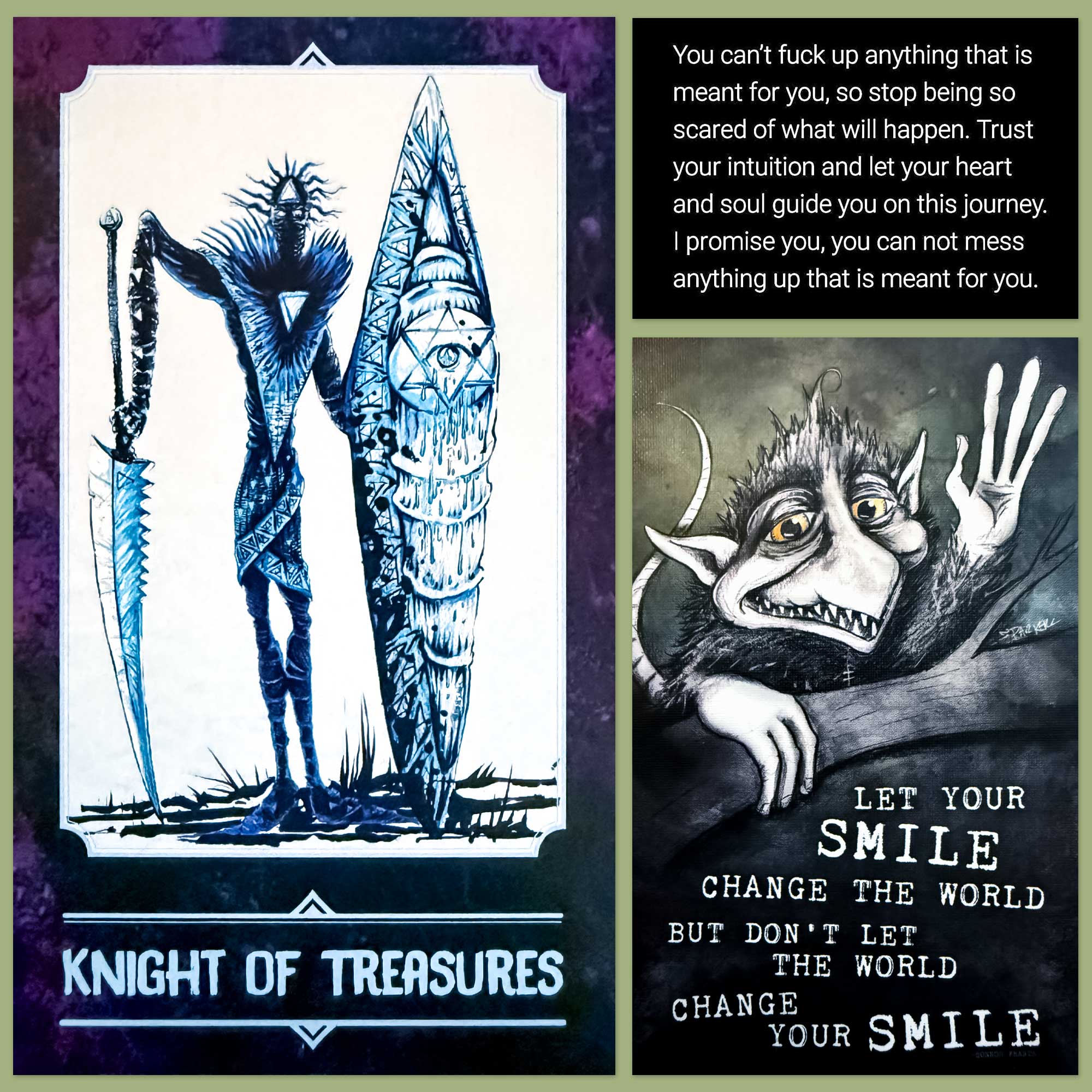 The Tarot of Monsters' Knight of Swords and a card from the Lights In Dark Places Affirmation Deck