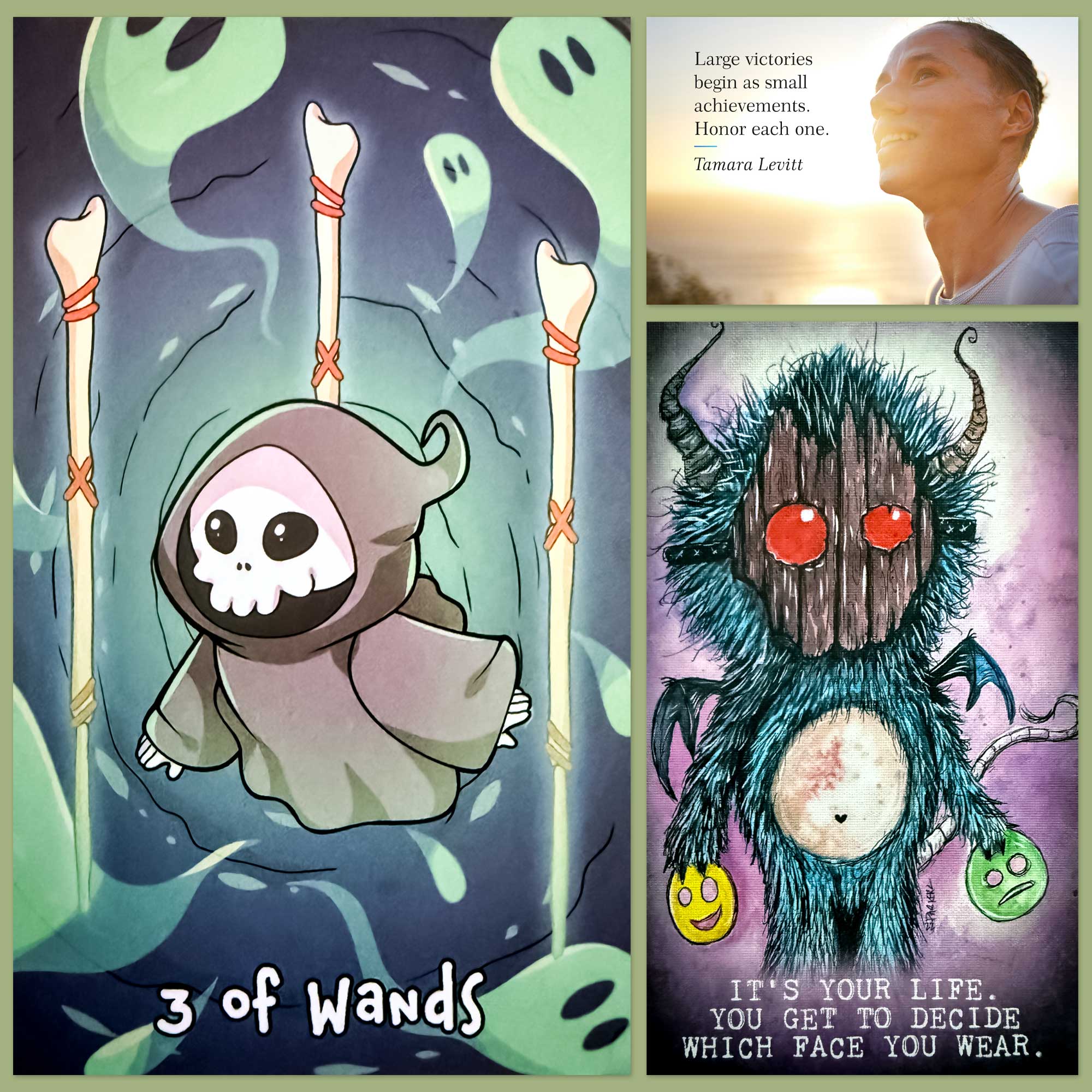 Little Reaper Tarot Mini Edition's Three of Wands and a card from the Lights In Dark Places Affirmation Deck